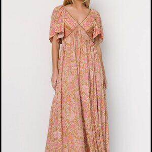 Baltic Born Evanthia Floral Pink Brown Boho Deep V Maxi Dress Flowy Bohemian XL
